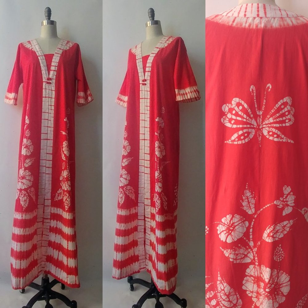 Vintage 1970s Batik Cotton Kaftan Dress S